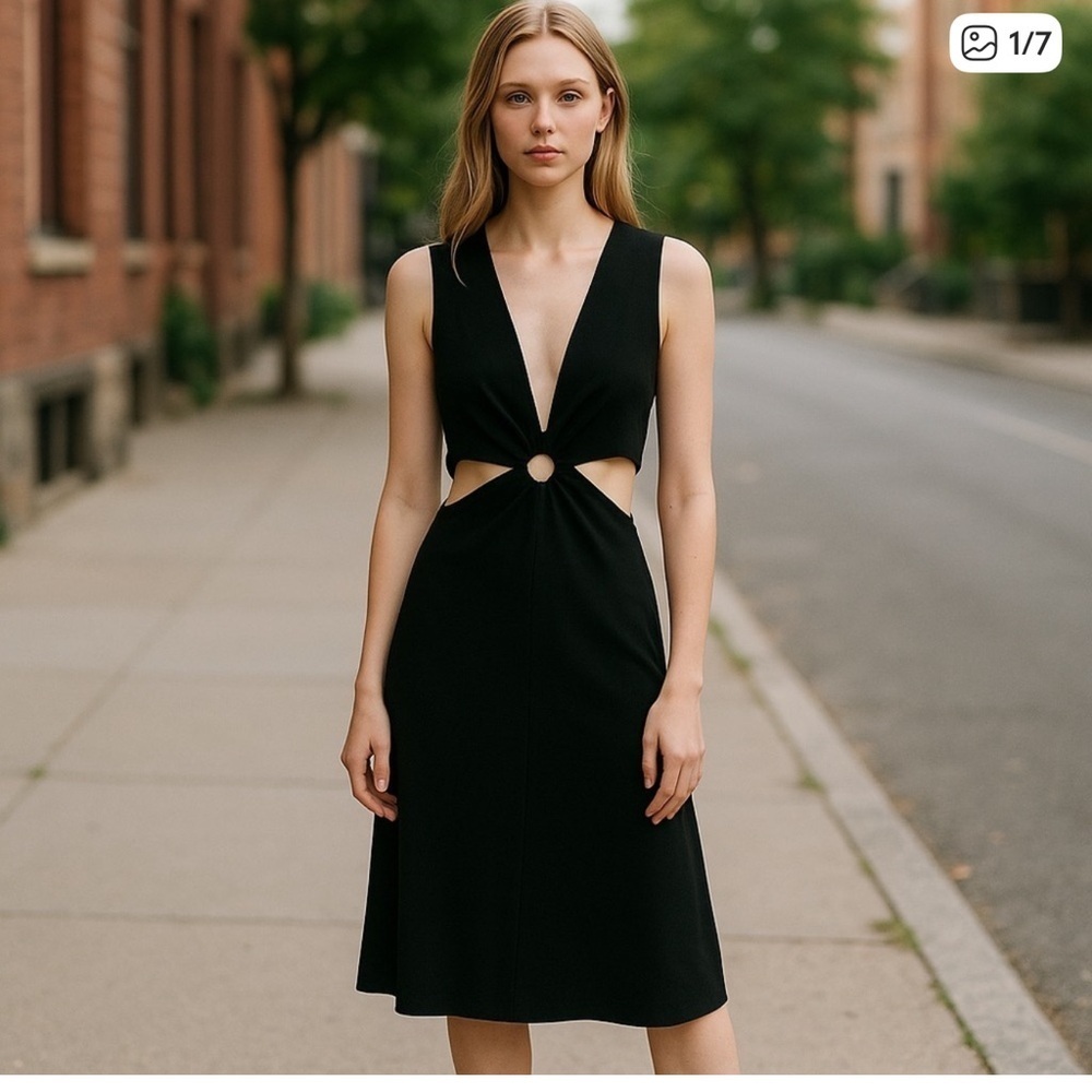 Calvin Klein Cut Out Midi Dress Ribbed Knit Sz M NEW Black 100% Cotton - Picture 1 of 5